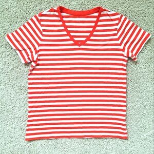 Lands End Women's Orange And White Striped Short Sleeved V-neck T-shirt - Small